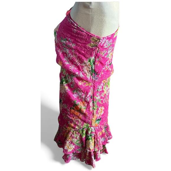 Hemant & Nandita Eyelet Lace Floral One Shoulder Mini Dress, Pink, Size Small - Picture 3 of 8